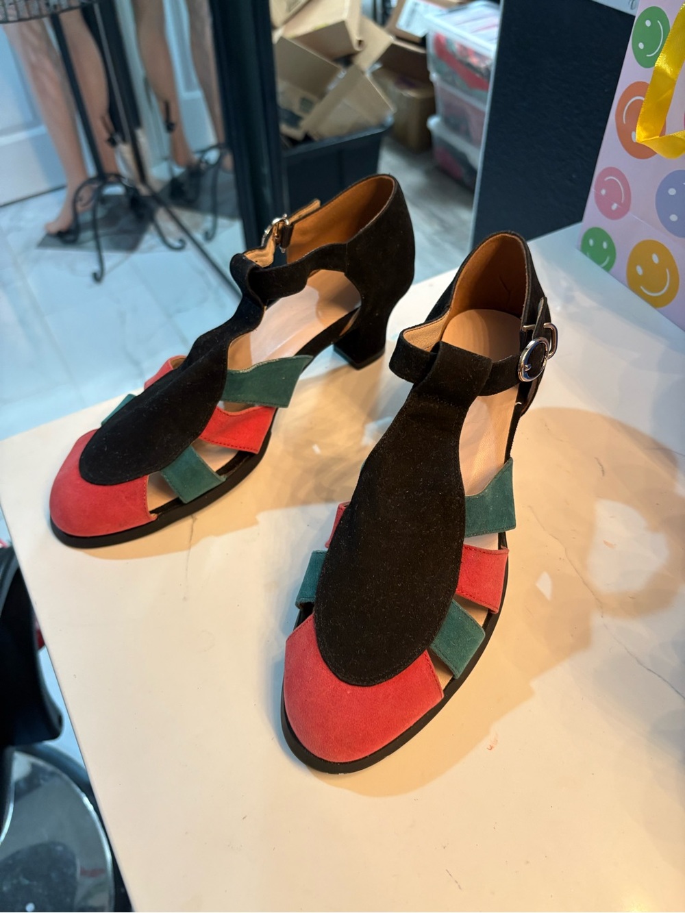 1940s retro Women’s Black Suede T-Strap Heels with Red and Green Accents